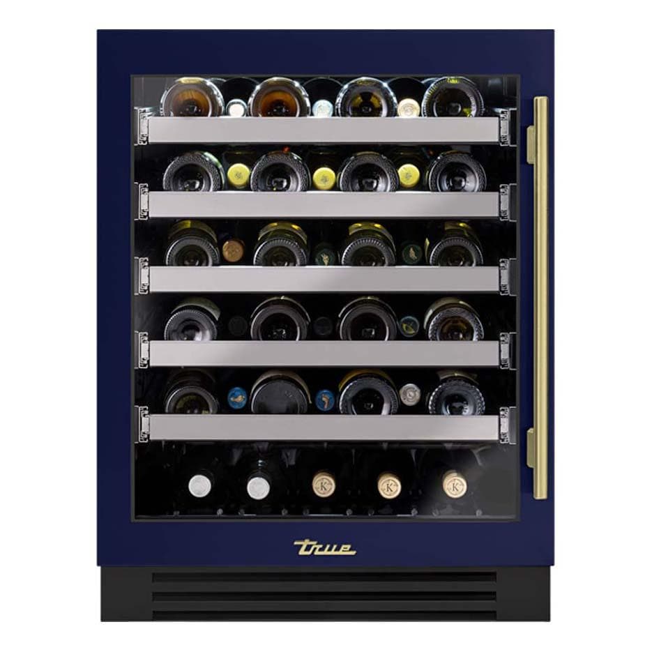 True TUWADA-24-LG-A~078-H01 ADA Height 24 Inch 40 Bottle Left Hinge Glass Door Outdoor Wine Cabinet - Cobalt w/ Brass Handle - White Background thumbnail