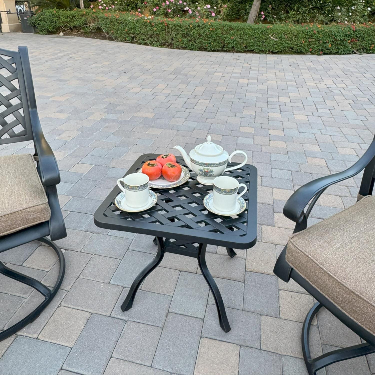 Darlee B/DL13-3PCR-30A-S Nassau 3 Pc Cast Aluminum Conversation Set w/ Rocker in Antique Bronze w/ Sesame Cushions - Table - Lifestyle thumbnail