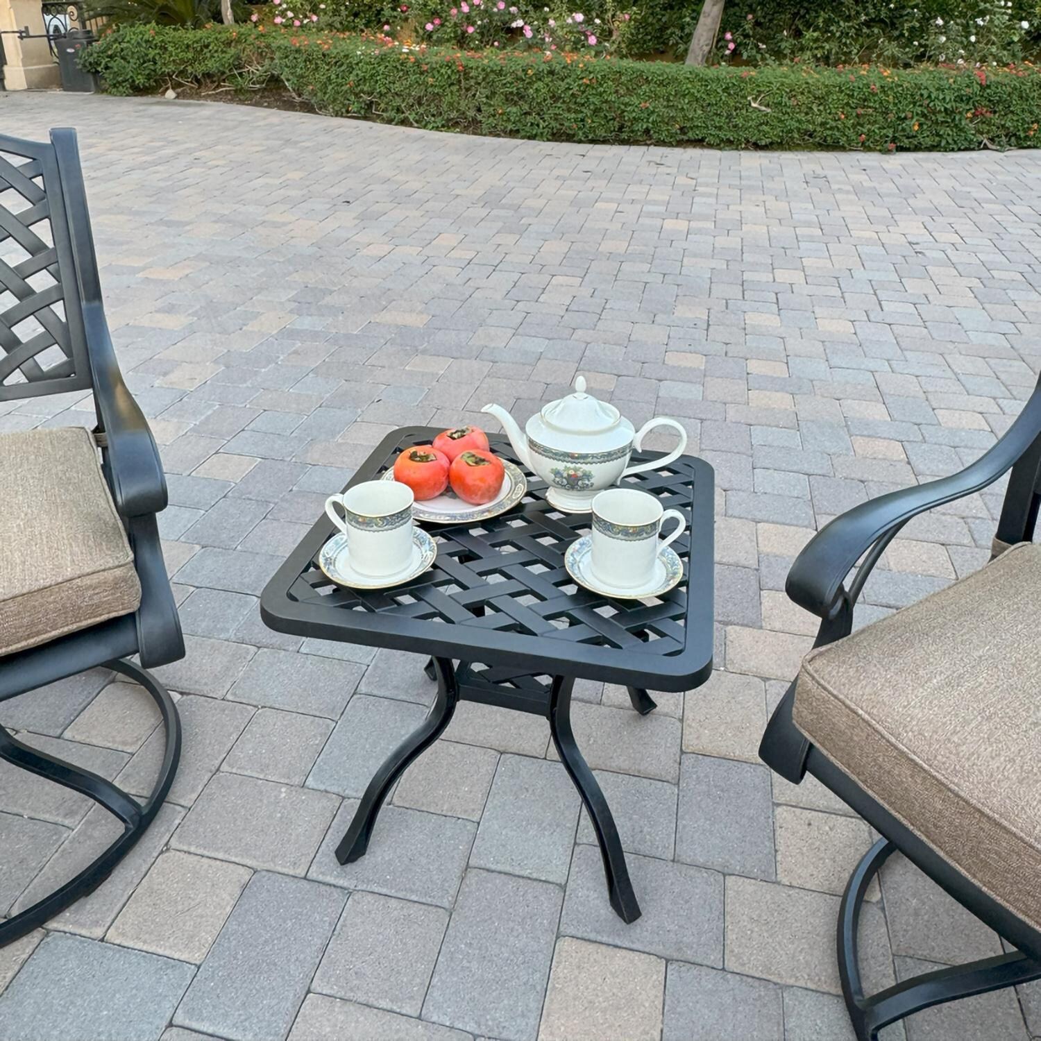 Darlee B/DL13-3PCR-30A-S Nassau 3 Pc Cast Aluminum Conversation Set w/ Rocker in Antique Bronze w/ Sesame Cushions - Table - Lifestyle thumbnail