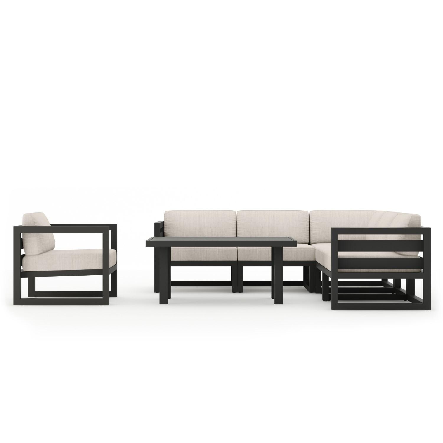 Misty Cove 7 Pc Aluminum Seating Set w/ Sectional & Classic Chat Table in Slate/Cast Silver by Lakeview Outdoor Designs