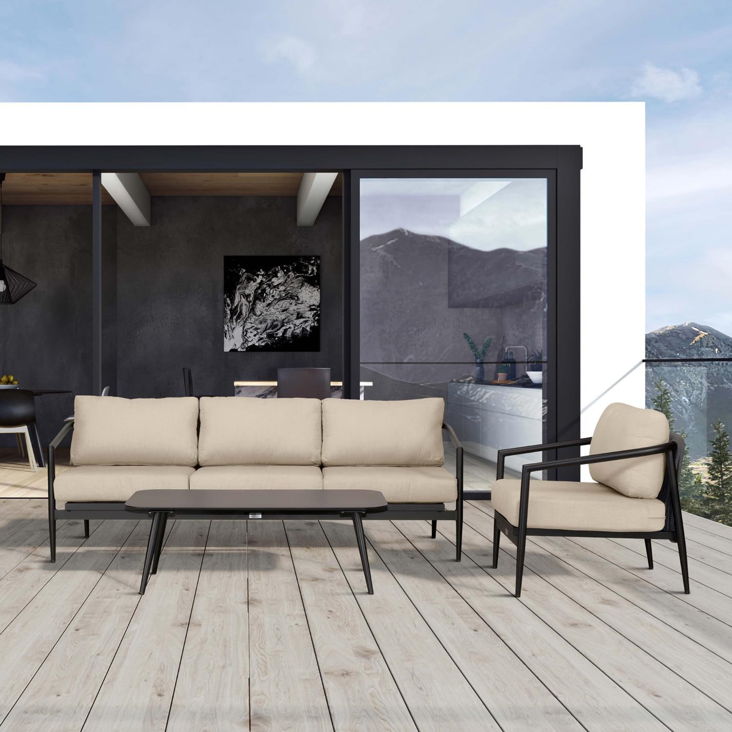 Midnight Cove 3 Pc Aluminum Seating Set in Black/Canvas Flax by Lakeview Outdoor Designs
