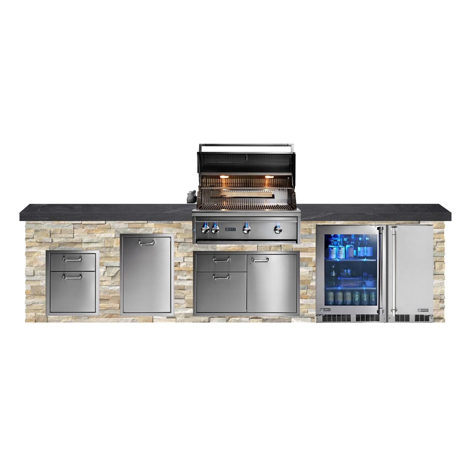 BBQGuys Signature 12ft Luxury Outdoor Kitchen w/ Lynx Professional 36-Inch Natural Gas Grill, Ice Maker & Refrigerator - Golden Honey Stone w/ Black Polished Granite - White Background thumbnail