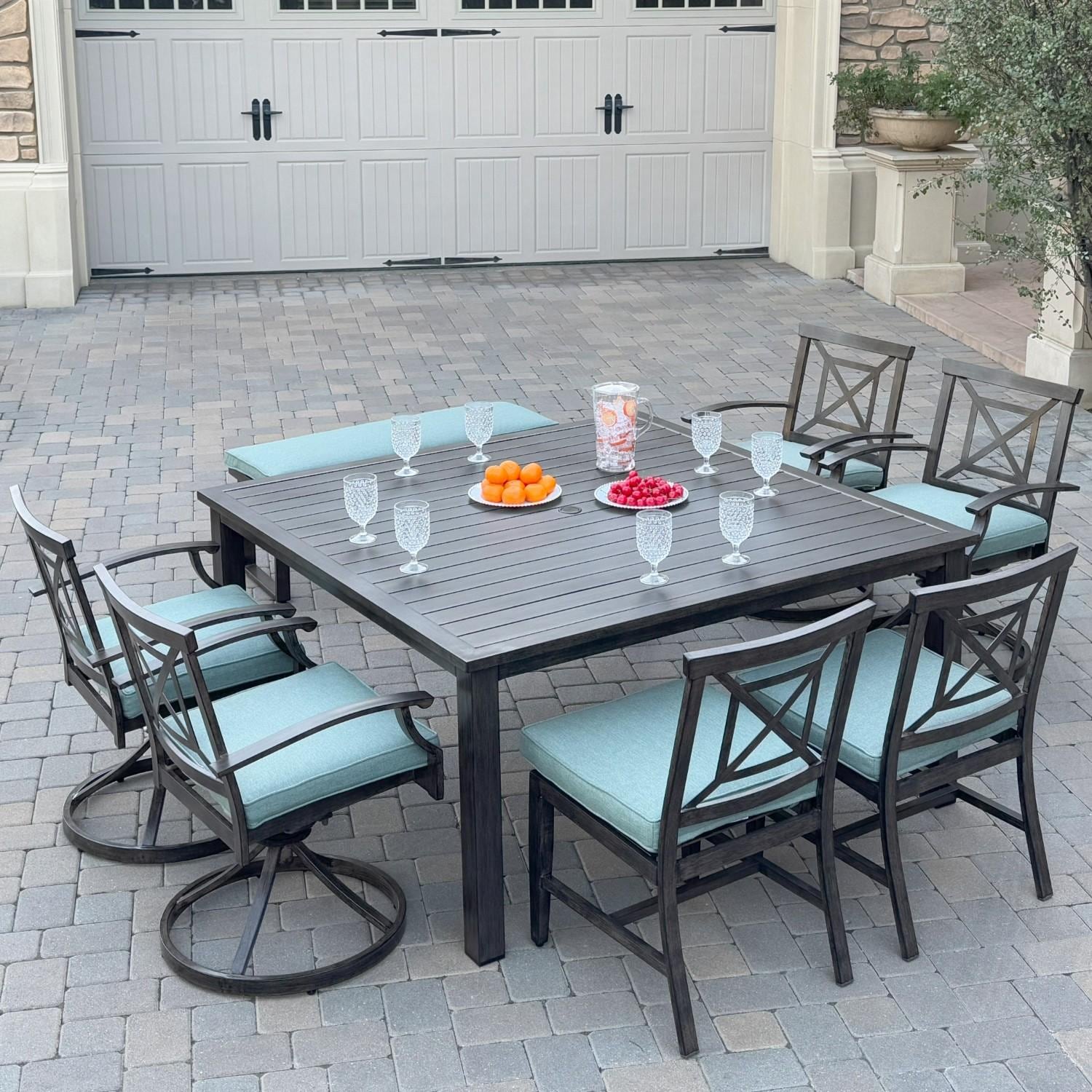 Atlantis 8 Pc Aluminum Dining Set w/ 2 Dining Side Chairs, 4 Swivel Rocker Dining Arm Chairs & Two Person Bench in Walnut/Spa by Darlee