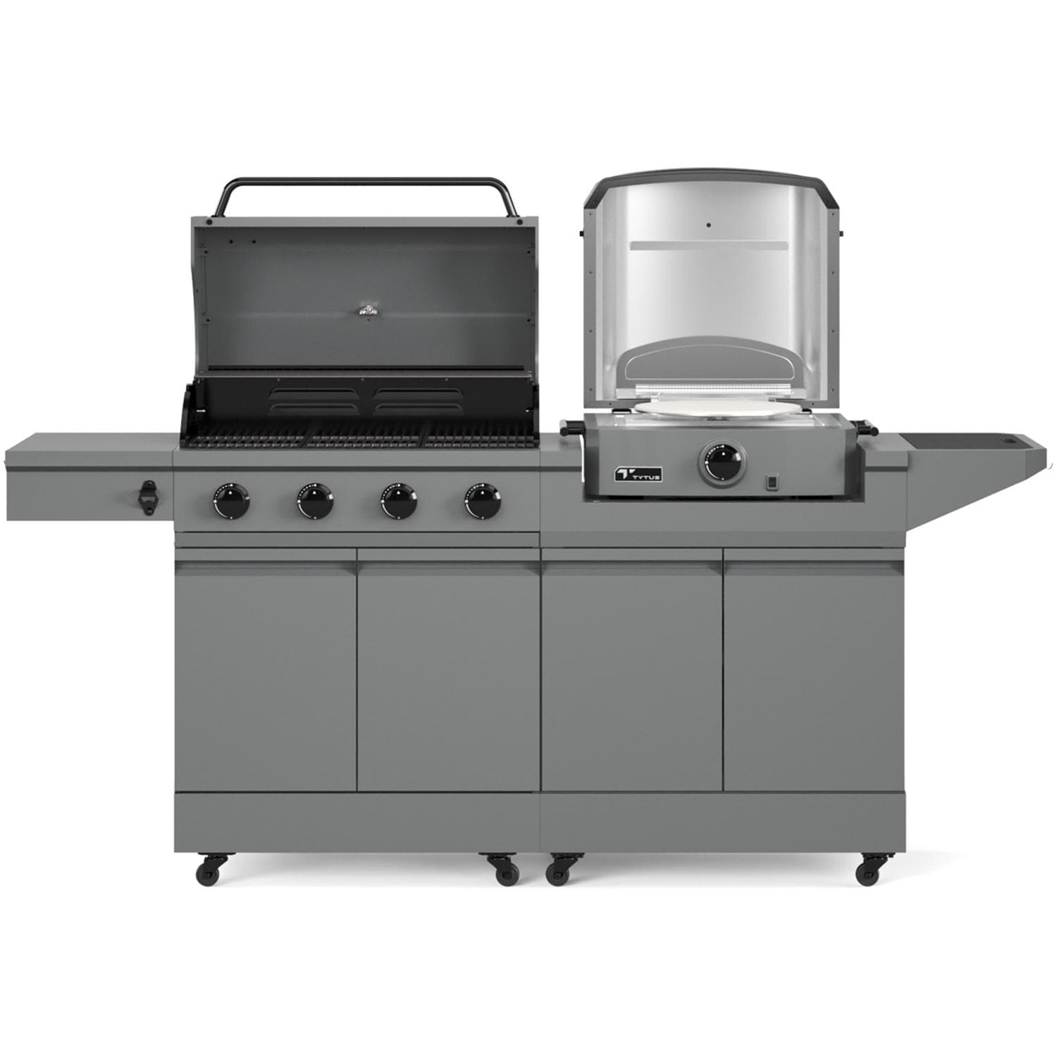 TYTUS TDT-BUN-053 Modular Duo w/ 4-Burner Gas Grill & Gas Pizza Oven - Open - White Background thumbnail
