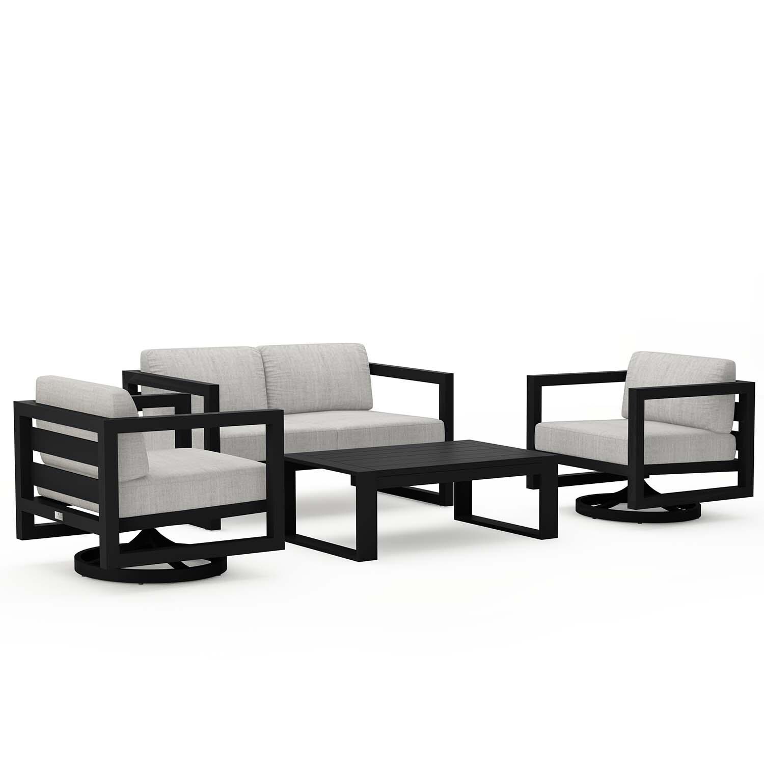 Misty Cove 4 Pc Aluminum Loveseat Seating Set w/ Swivel Chairs in Black/Cast Silver by Lakeview Outdoor Designs - White Background thumbnail