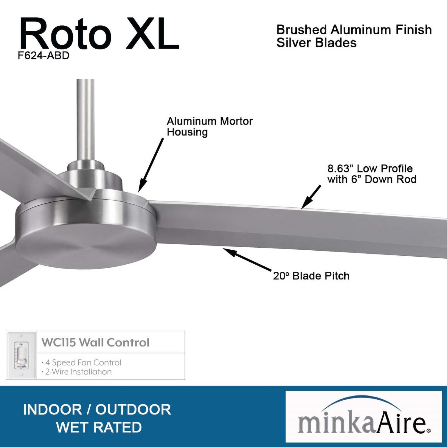 Minka-Aire F624-ABD Roto XL 62-Inch 3-Blade Ceiling Fan in Brushed Aluminum Finish w/ Silver Blades - Details thumbnail