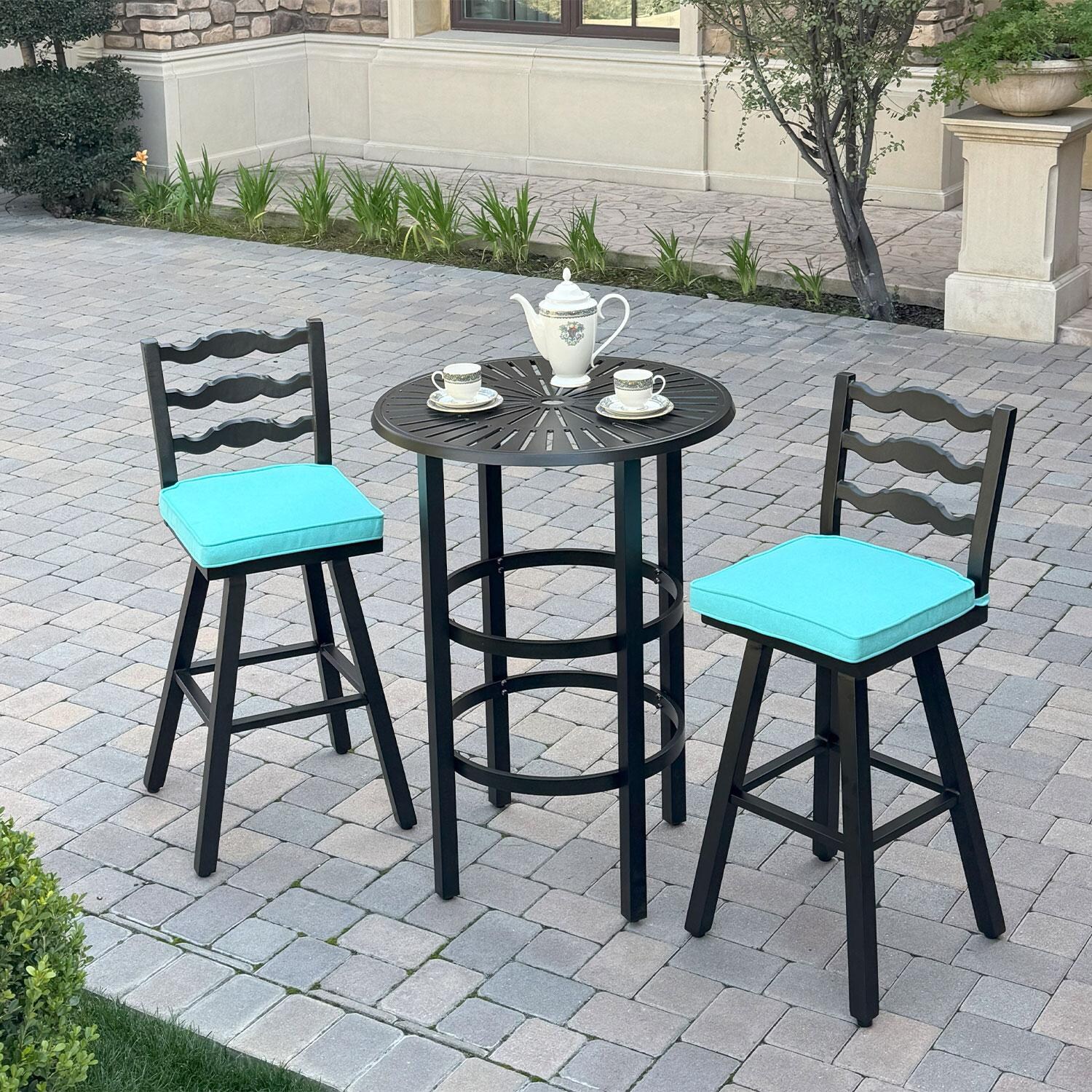 Aspen Aluminum 3 Pc Patio Bar Set w/ 30-in Round Bar Table in Blue by Darlee - Patio - Lifestyle thumbnail