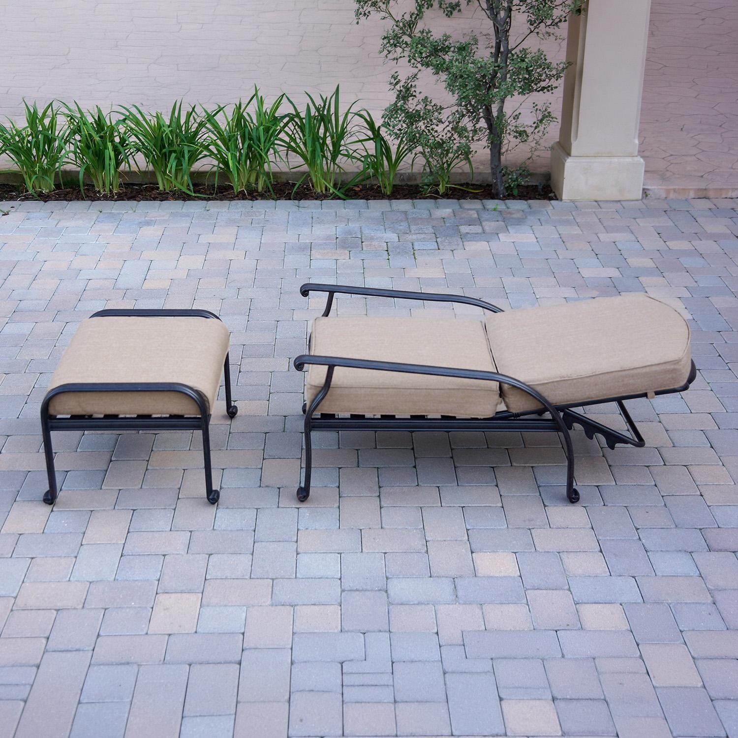 Darlee Elisabeth 6 Pc Cast Aluminum Fire Pit Seating Set w/ 2 Adjustable Club Chairs, Sofa, and Ottoman in Antique Bronze/Beige - Chair Reclined - Lifestyle thumbnail