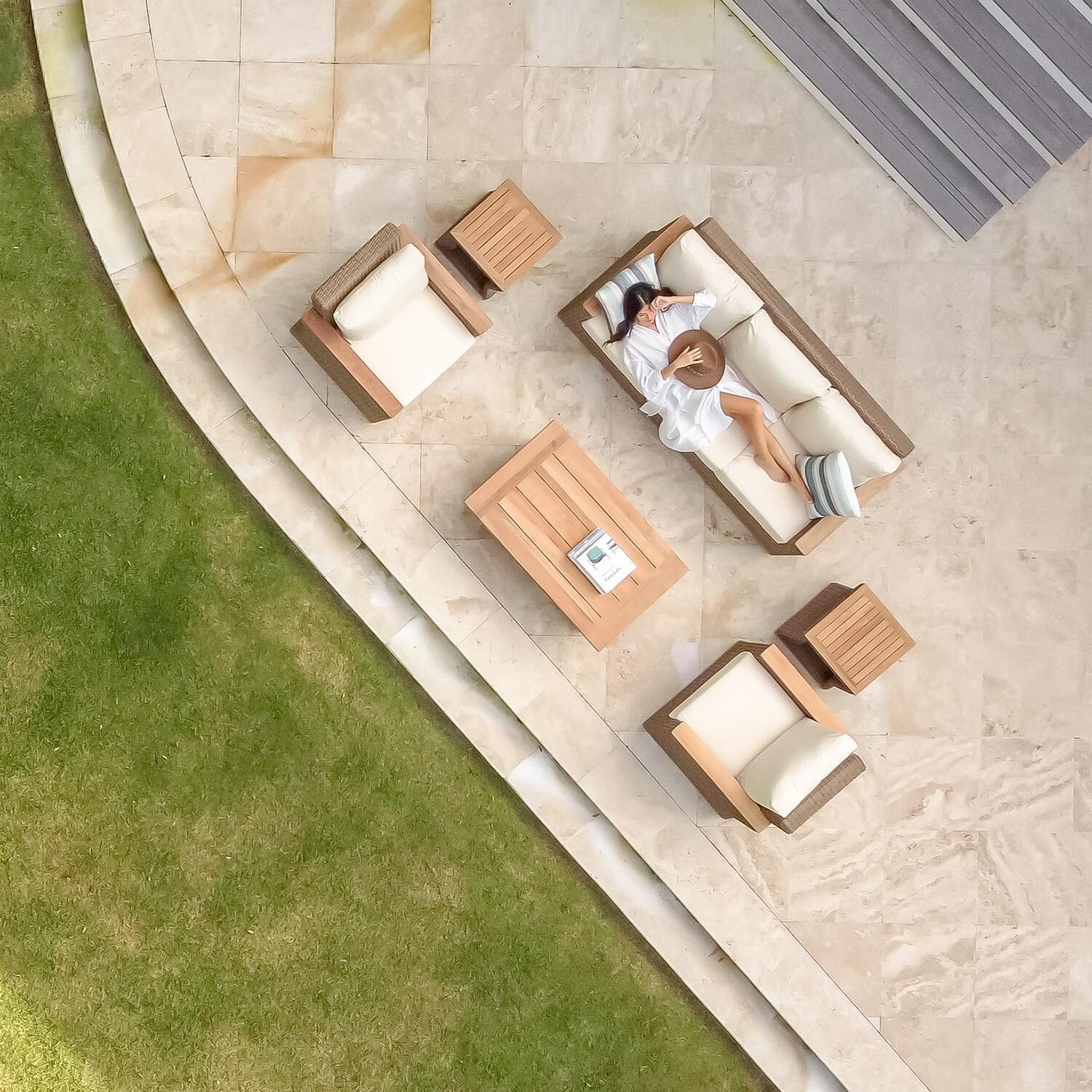 Teak + Table Havana Sofa in Carbon - W/ Seating Set Aerial View (Shown W/ Natural Cushion) - Lifestyle thumbnail