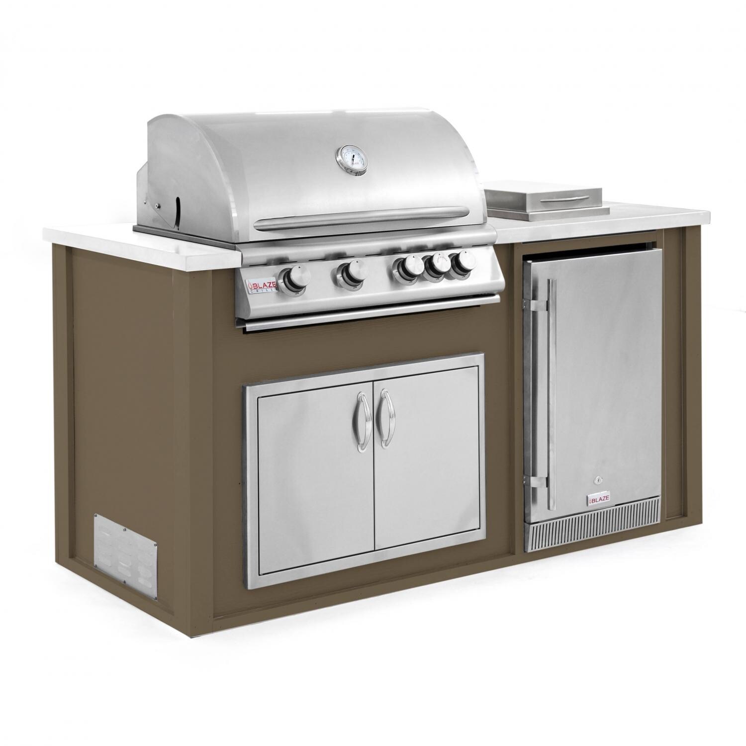 BBQGuys.com 6 Ft BBQ Island With Blaze 32-Inch Natural Gas Grill, Double Access Door, Outdoor-Rated Compact Refrigerator & Side Burner - Brown/White - Angled View thumbnail