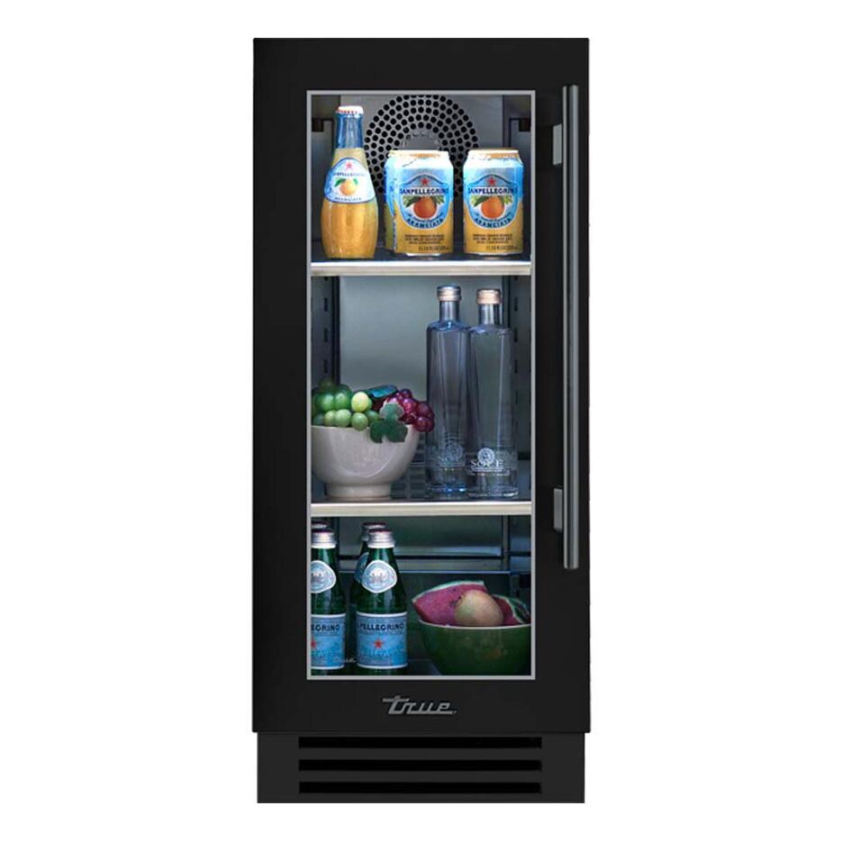 True TUR-15-L-OG-C~DSK-027-H05 15 Inch 3.14 Cu. Ft. Left Hinge Glass Door Outdoor Refigerator - Matte Black w/ Pewter Handles - White Background thumbnail