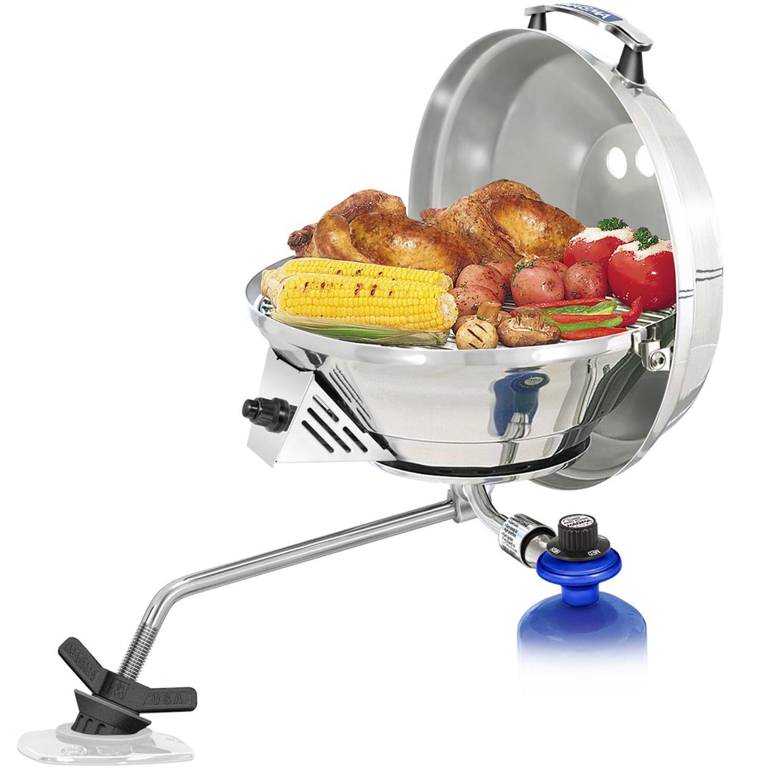 Magma Original Size Marine Kettle 3 Combination Stove & Gas Grill on Pwr Grip Rod Holder Mount