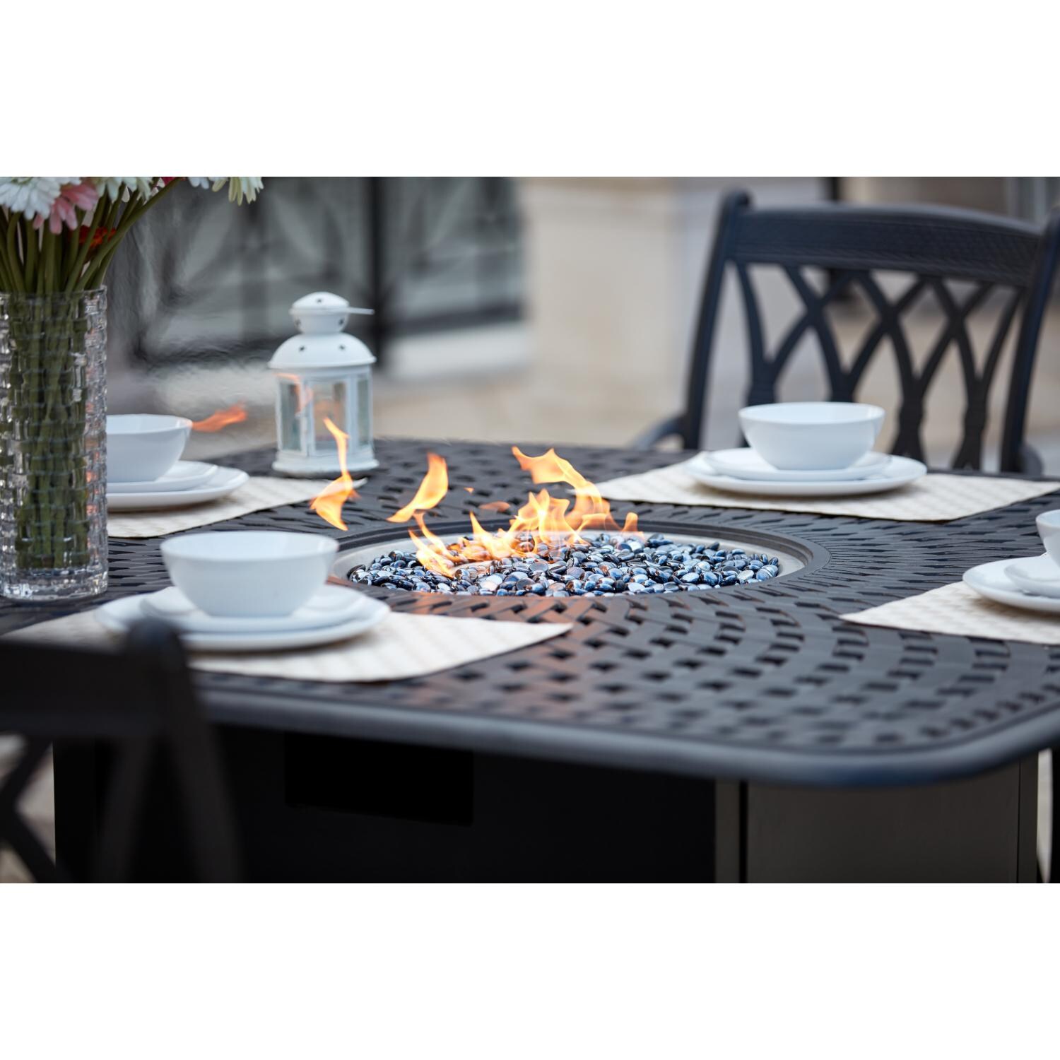Darlee 201660-9PC-60GW Capri Cast Aluminum 64 Inch Square Fire Pit Dining Table - Lifestyle thumbnail