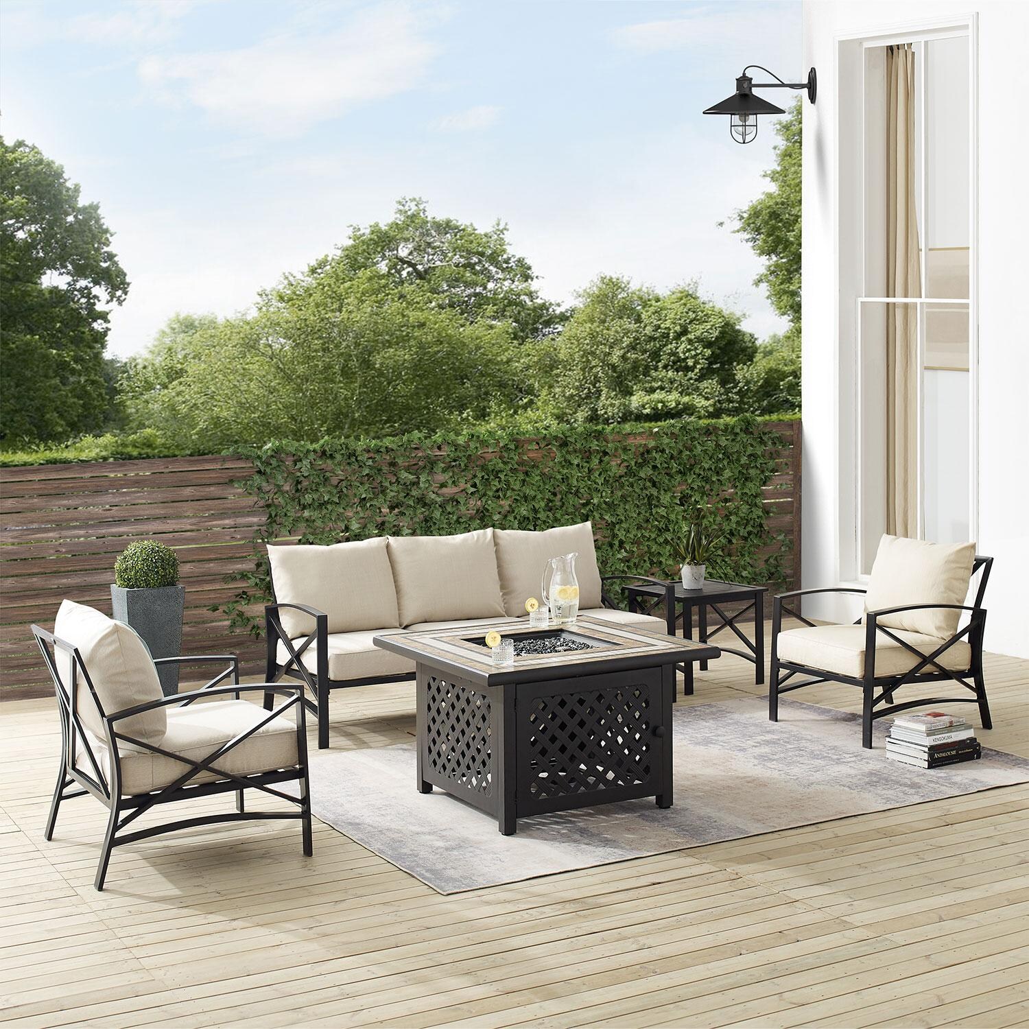 Ultimate Patio UP-82267BZ-OL 5Pc Outdoor Sofa Set W/ Fire Table in Oatmeal - On Patio - Lifestyle thumbnail
