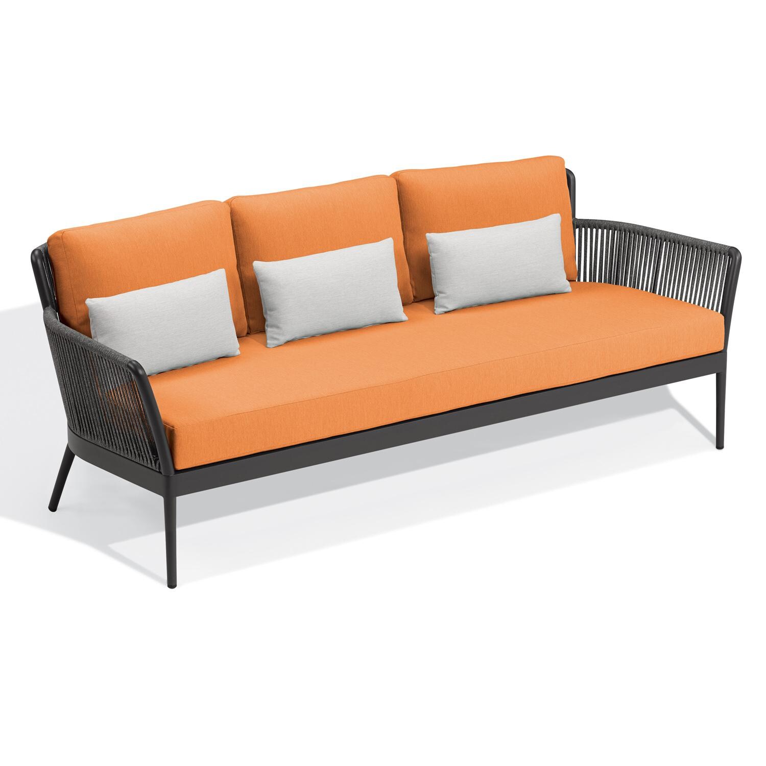 Oxford Garden Nette 3 Person Olefin Rope & Aluminum Sofa W/ Salt Lumbar Pillow in Carbon/Tangerine - Front View thumbnail