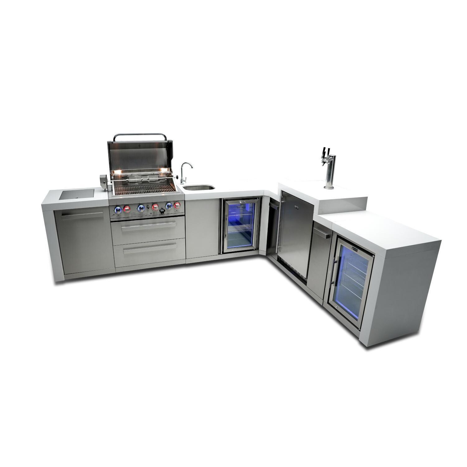 Mont Alpi 400 Deluxe Natural Gas Island w/ 90 Degree Corner, Kegerator, Beverage Center & Fridge Cabinet (Ships Propane w/ Conversion Kit) - Hood Open - White Background thumbnail