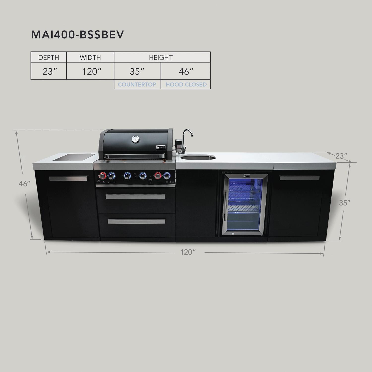 Mont Alpi MAi400-BSSBEV Black Series 10 Ft Propane Outdoor Kitchen Island w/ Side Burner & Beverage Center - Dimensions - Dimensional thumbnail