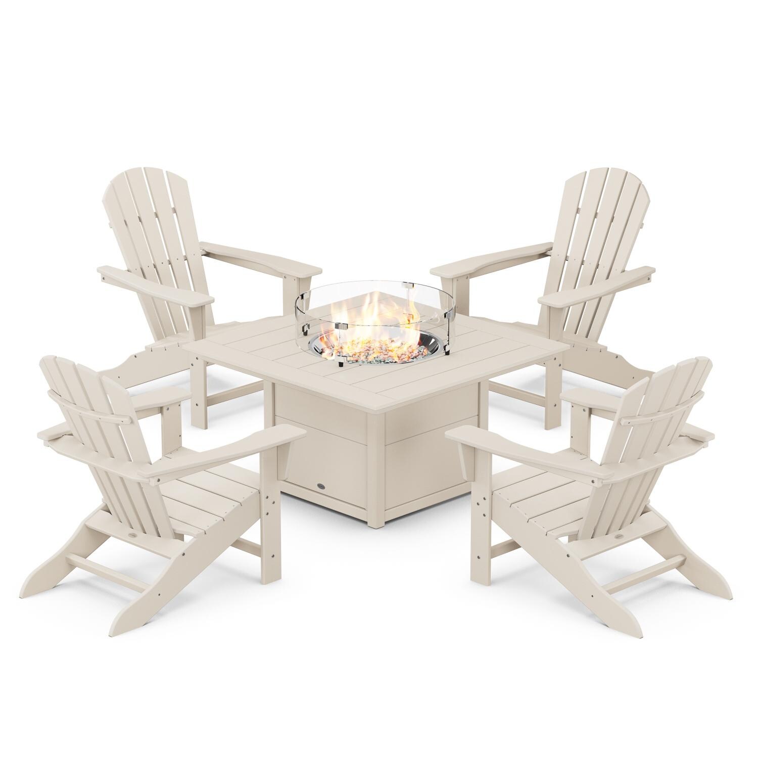 POLYWOOD Sand Palm Coast 5-Piece Adirondack Chair Conversation Set w/ Fire Pit Table thumbnail