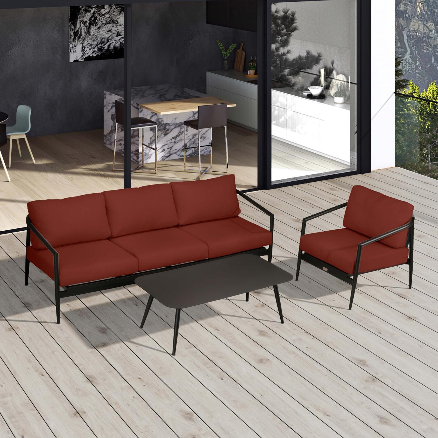 Lakeview Midnight Cove 3 Pc Aluminum Sofa Seating Set in Black/Carbon/Canvas Henna - Top - Lifestyle thumbnail