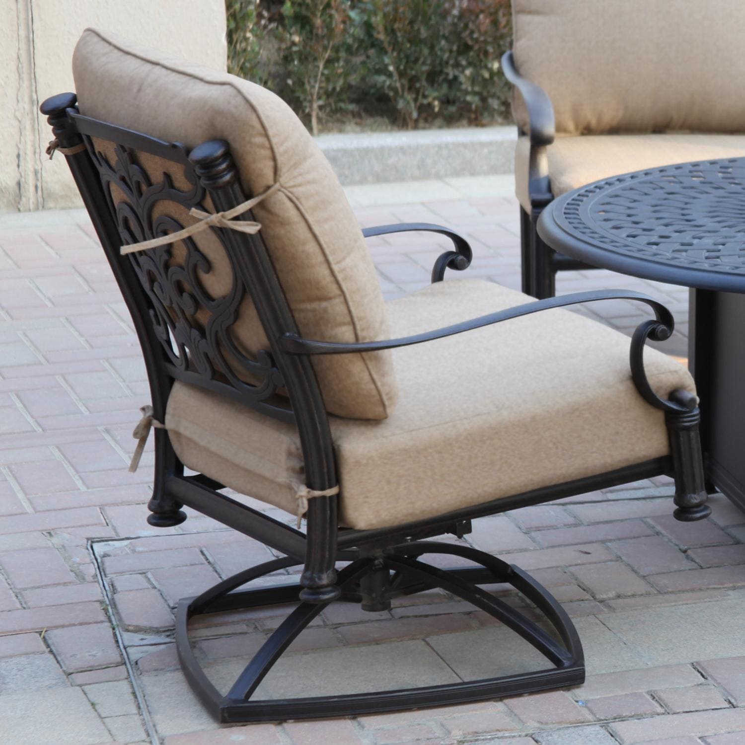Darlee Santa Barbara 3 Pc Cast Aluminum Seating Set w/ 24 Inch Series 60 Ice Bucket End Table & Swivel Rockers - Swivel Rocker Club Chair, In Use - Lifestyle thumbnail