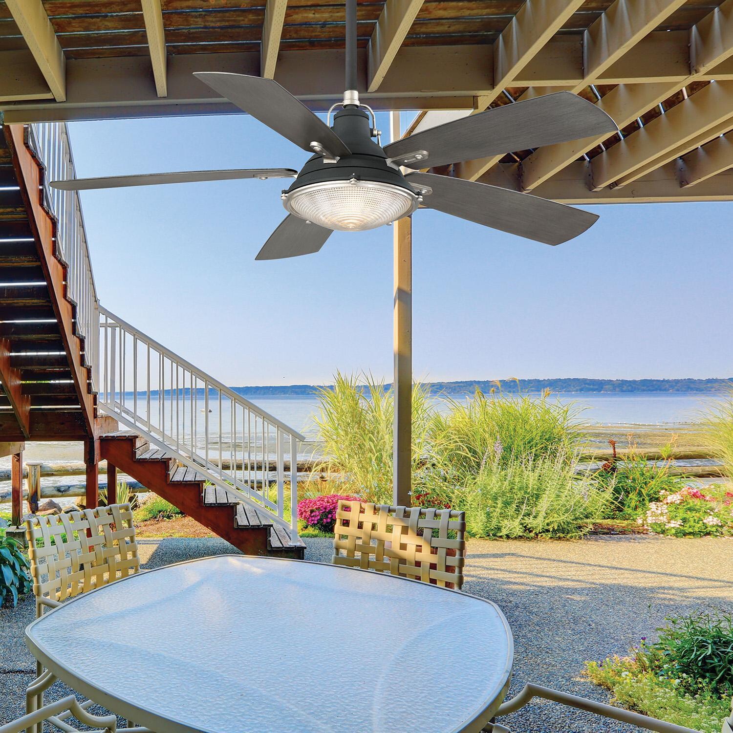 Minka-Aire F681L-SDBK/WS Groton 56-Inch 5-Blade LED Ceiling Fan in Sand Black & Weathered Steel Finish w/ Charcoal Driftwood Blades & Clear Fresnel Lens - By the Beach (Shown in Sand Black & Weathered Steel) thumbnail