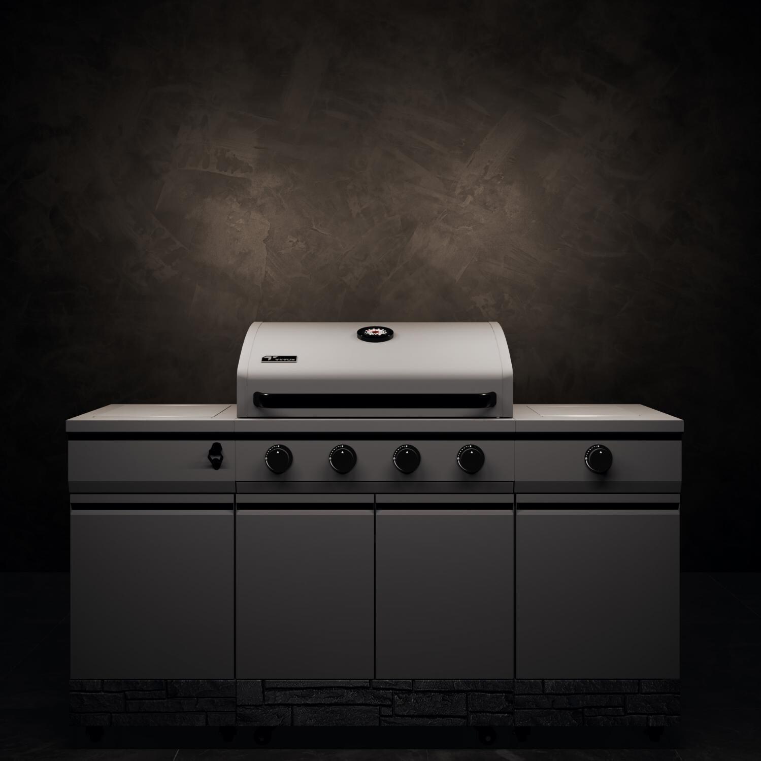 TYTUS Fresno Series Gunmetal Gray & Graphite Stone Natural Gas Grill Island (Ships Propane w/ Conversion Kit) - Black Background - Detail thumbnail