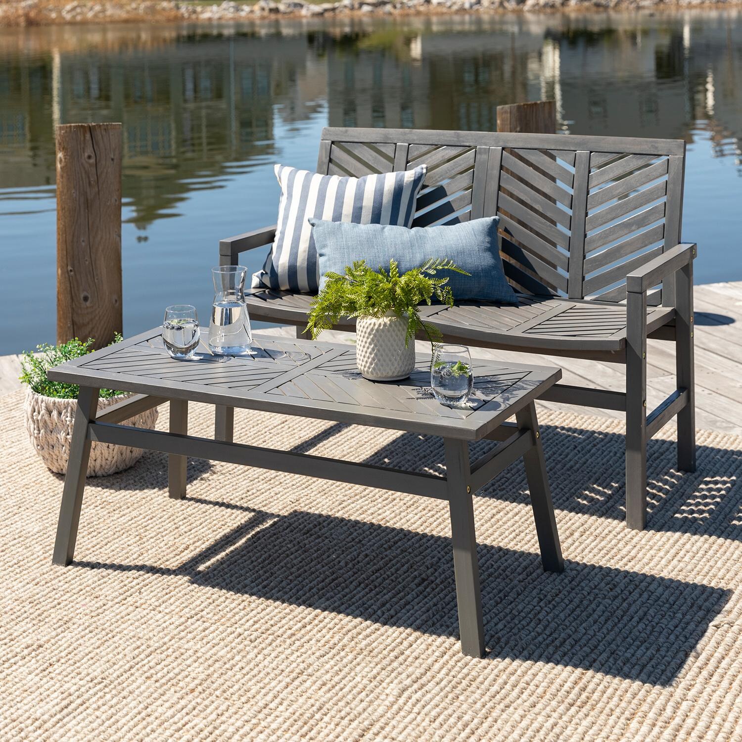 Walker Edison Vincent 2 Piece Acacia Patio Conversation Set W/ 42 X 20 Inch Rectangular Table - Grey Wash image