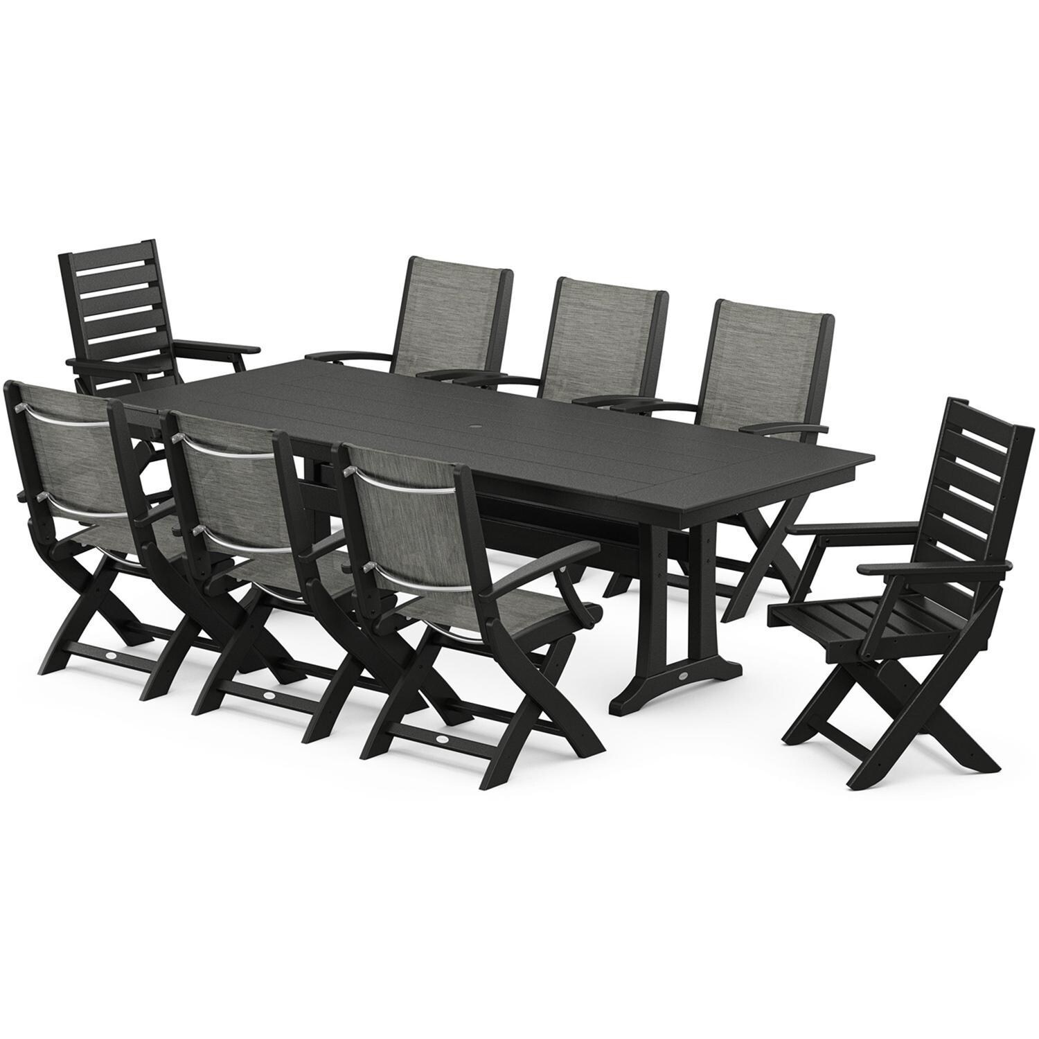 POLYWOOD PWS2534-1-BL915 Creekside Polywood 9-Piece Farmhouse Dining Set Onyx Sling Chairs in Black - Set - White Background thumbnail