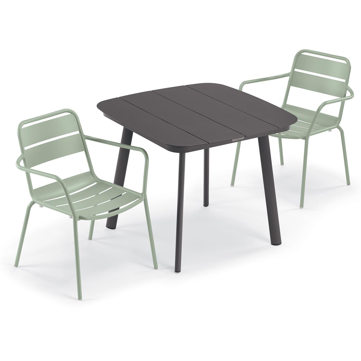 Oxford Garden Kapri 3 Pc Aluminum Dining Set W/ Arm Chairs in Carbon/Sage - Top View thumbnail