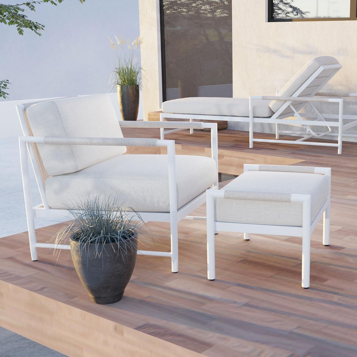 Sabbia Aluminum Club Chair in Echo Midnight w/ No Welt by Sunset West - Patio - Styled W/ Ottoman Shown in Echo Ash Cushion Color - Lifestyle thumbnail