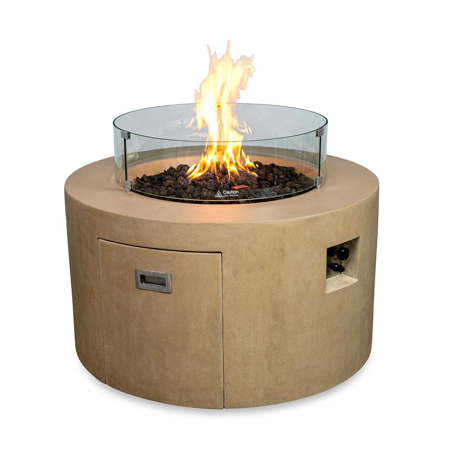Glenwood 42-in Round Concrete Propane Gas Fire Pit w/ Hidden Propane Tank in Sand by Lakeview Outdoor Designs - Glass Wind Guard - On - White Background thumbnail