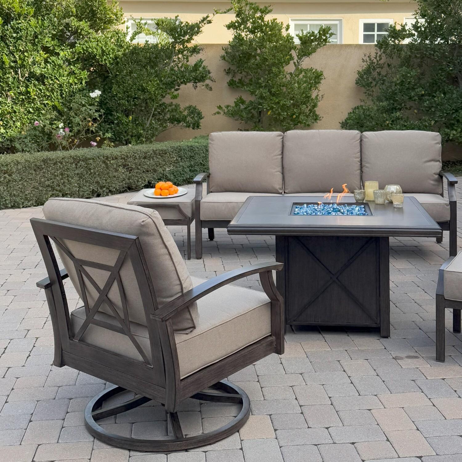 Atlantis 6 Pc Aluminum Fire Pit Seating Set w/ 2 Swivel Rocker Club Chairs, 2 Ottomans & Sofa in Walnut/Beige by Darlee - Chair Rear - Lifestyle thumbnail
