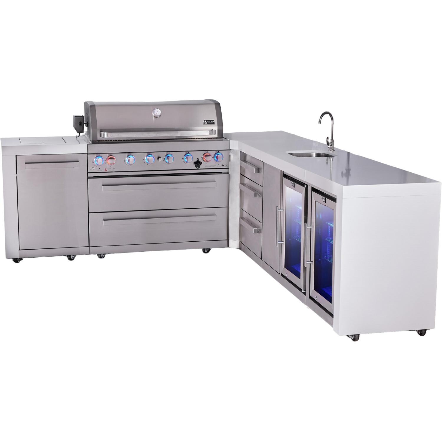 Mont Alpi Deluxe Series 11 Ft L-Shaped Natural Gas Outdoor Kitchen Island w/ 44-in Grill, Side Burner, Beverage Center, Fridge & Triple Drawer (Ships Propane w/ Conversion Kit) - Angled Right - White Background thumbnail