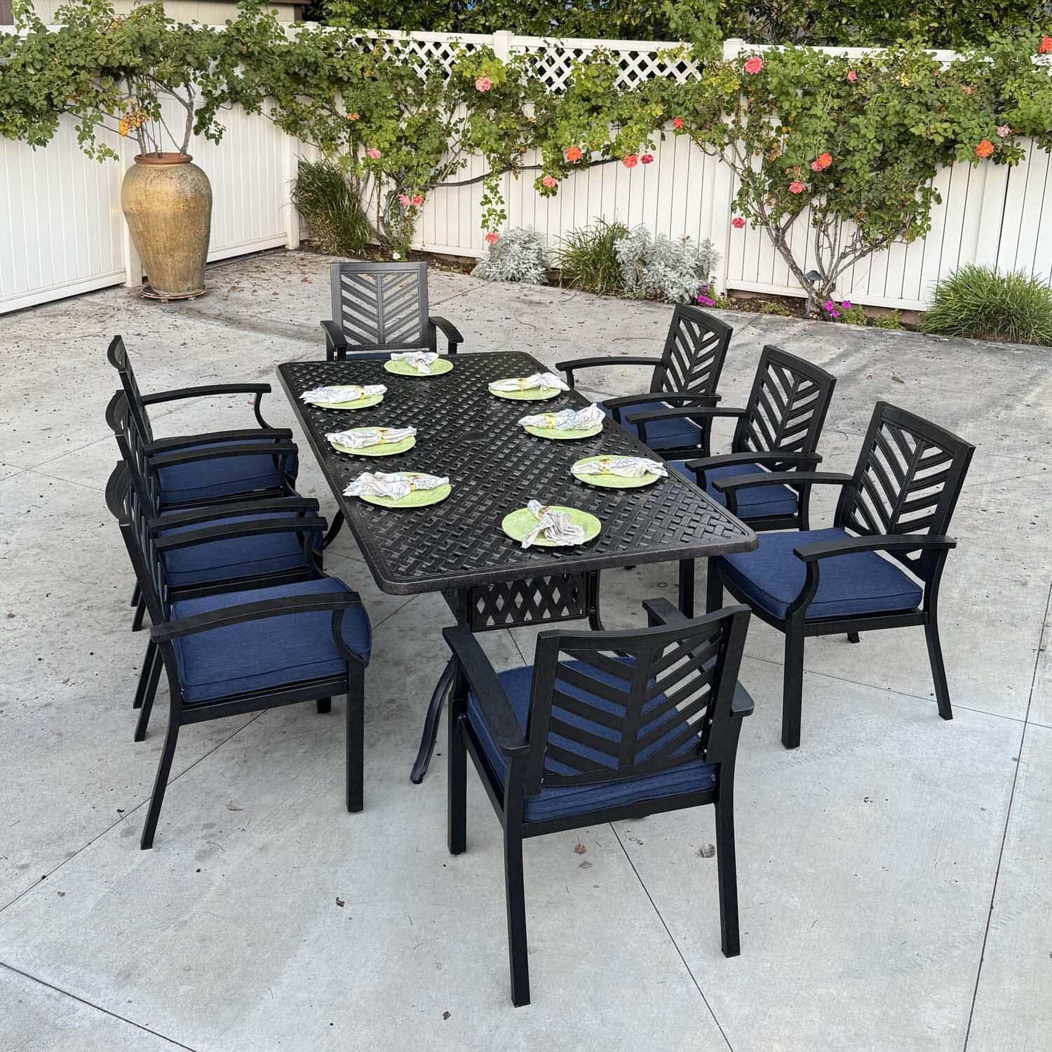 Palm Springs 9 Pc Aluminum Dining Set w/ 88 x 42 Rectangular Dining Table in Antique Bronze/Navy by Darlee