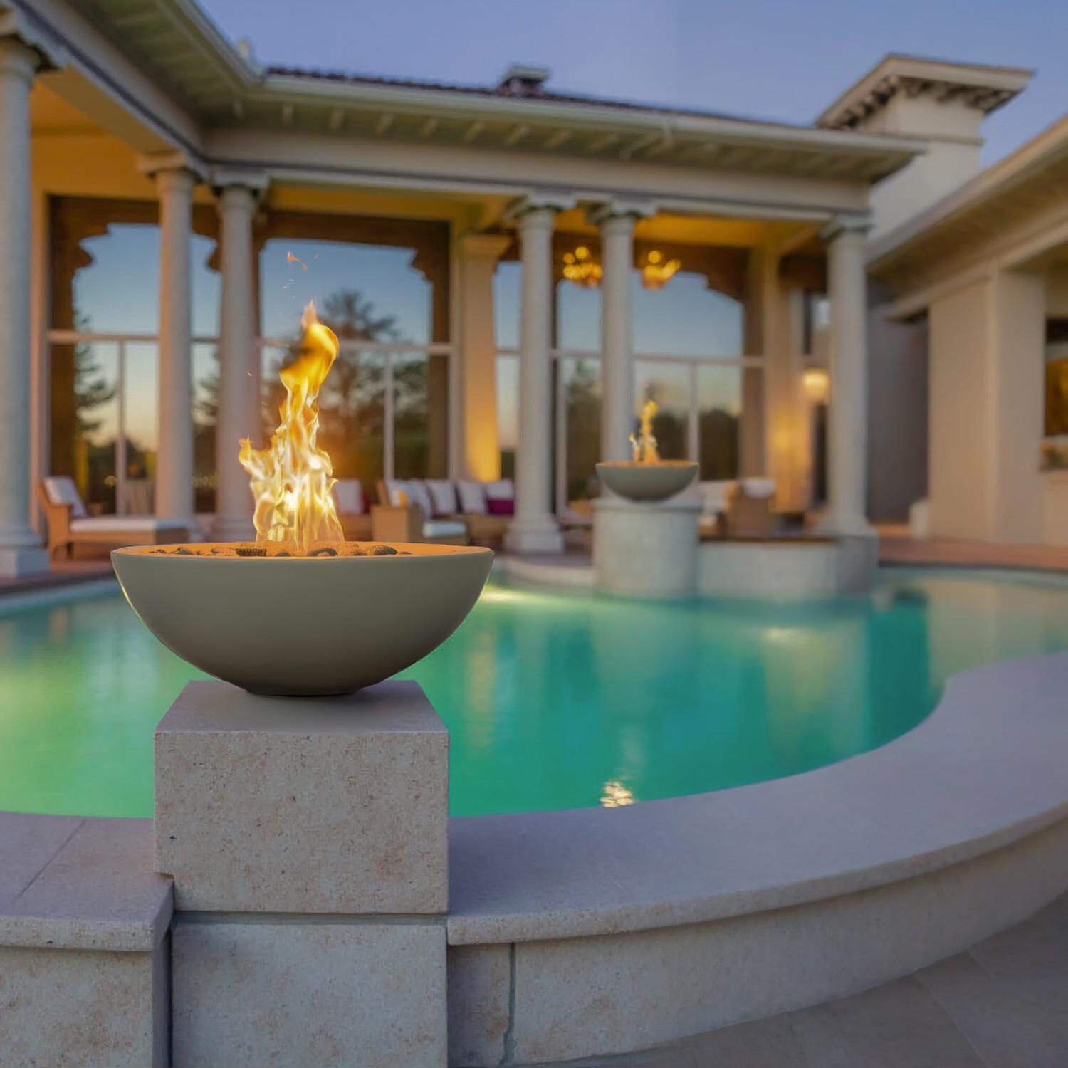 Warming Trends 105392 Aura 26-in Round Concrete Universal LP/NG Fire Pit in Black - By Pool (Shown in Sand Pebble) - Lifestyle thumbnail