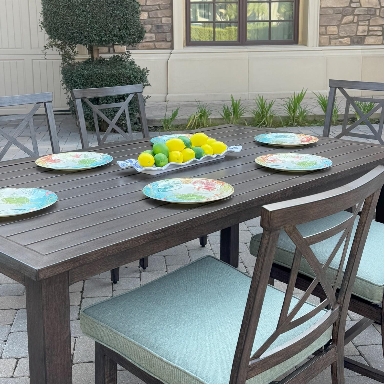 Atlantis 7 Pc Aluminum Dining Set w/ 6 Dining Side Chairs in Walnut/Spa by Darlee - Chairs At Table - Lifestyle thumbnail