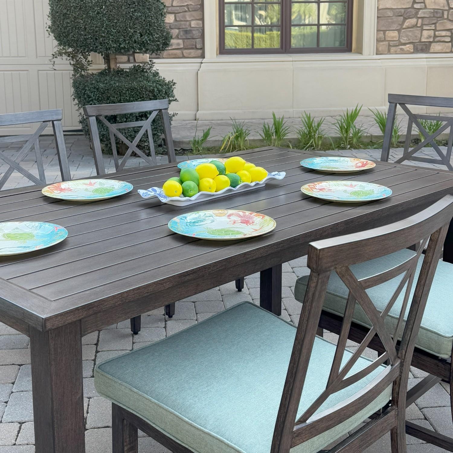 Atlantis 7 Pc Aluminum Dining Set w/ 6 Dining Side Chairs in Walnut/Spa by Darlee - Chairs At Table - Lifestyle thumbnail