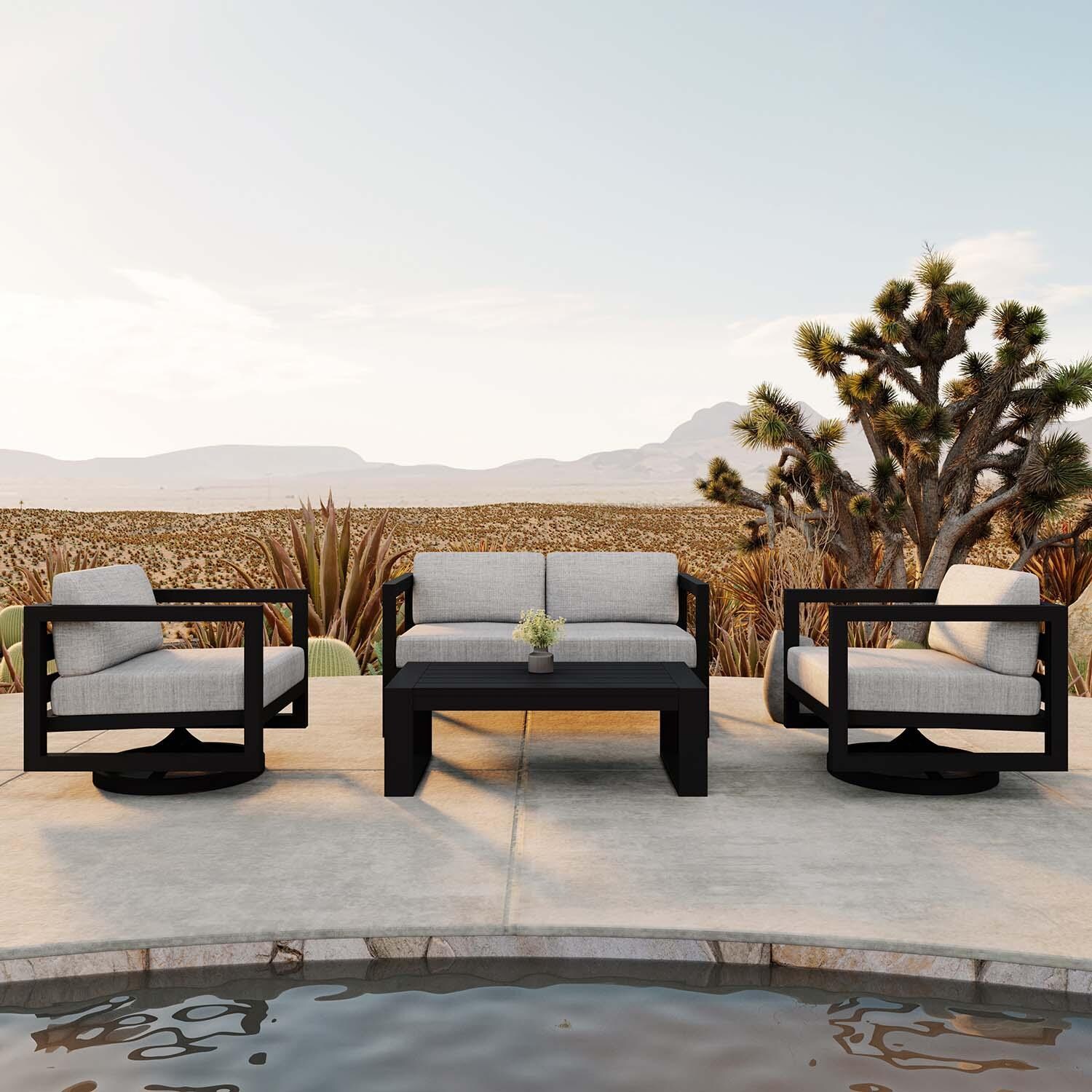 Misty Cove 4 Pc Aluminum Loveseat Seating Set w/ Swivel Chairs in Black/Cast Silver by Lakeview Outdoor Designs
