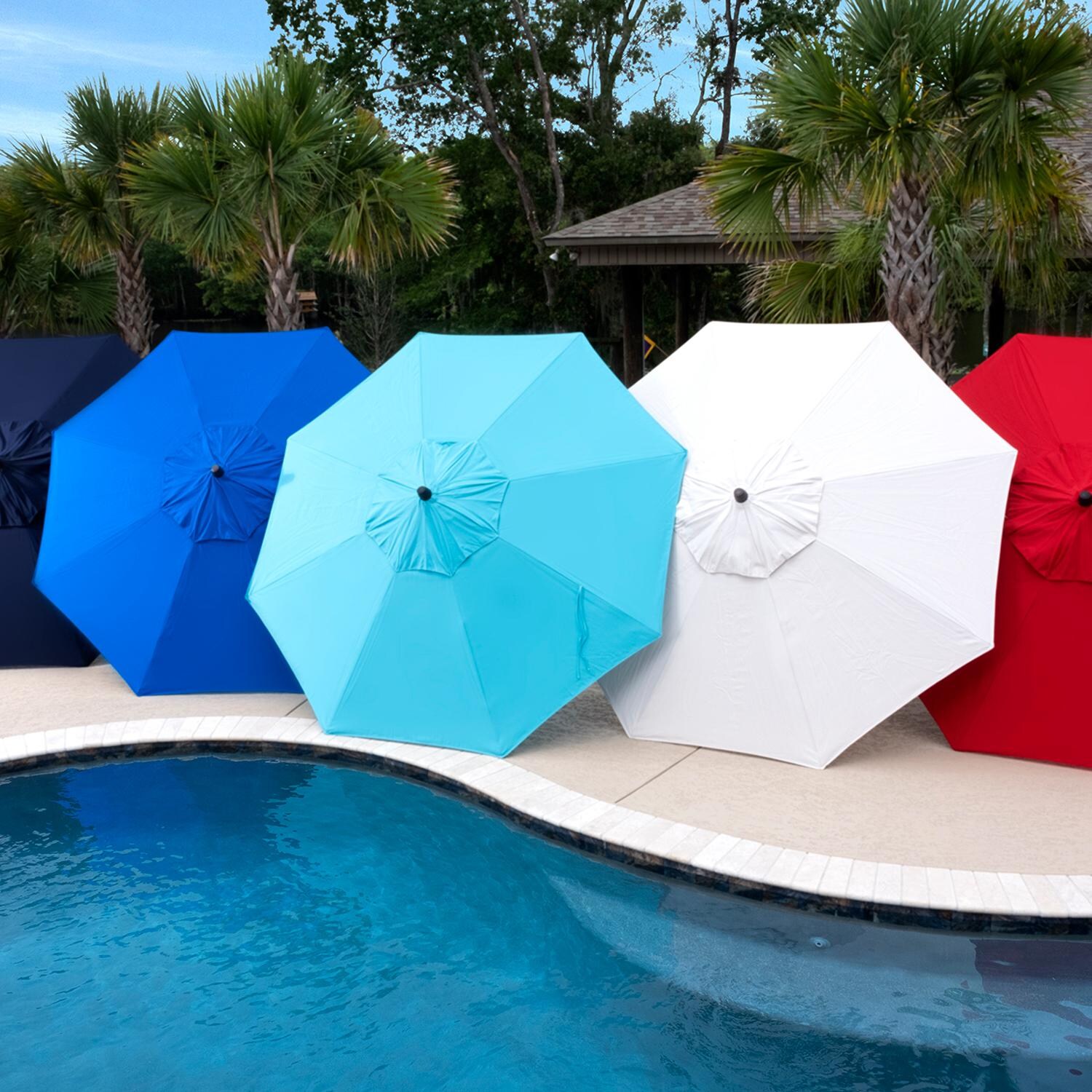 9 Ft. Octagonal Aluminum Auto Tilt Patio Umbrella W/ Crank Lift and Base By BBQGuys - Poolside Lifestyle thumbnail