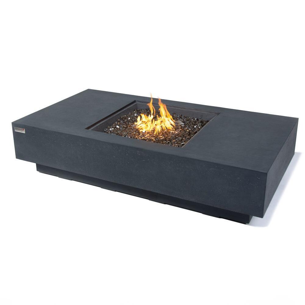 Cannes 60-Inch Rectangular Natural Gas Fire Pit Table in Dark Gray By Elementi - Fire Pit Lit - White Background thumbnail