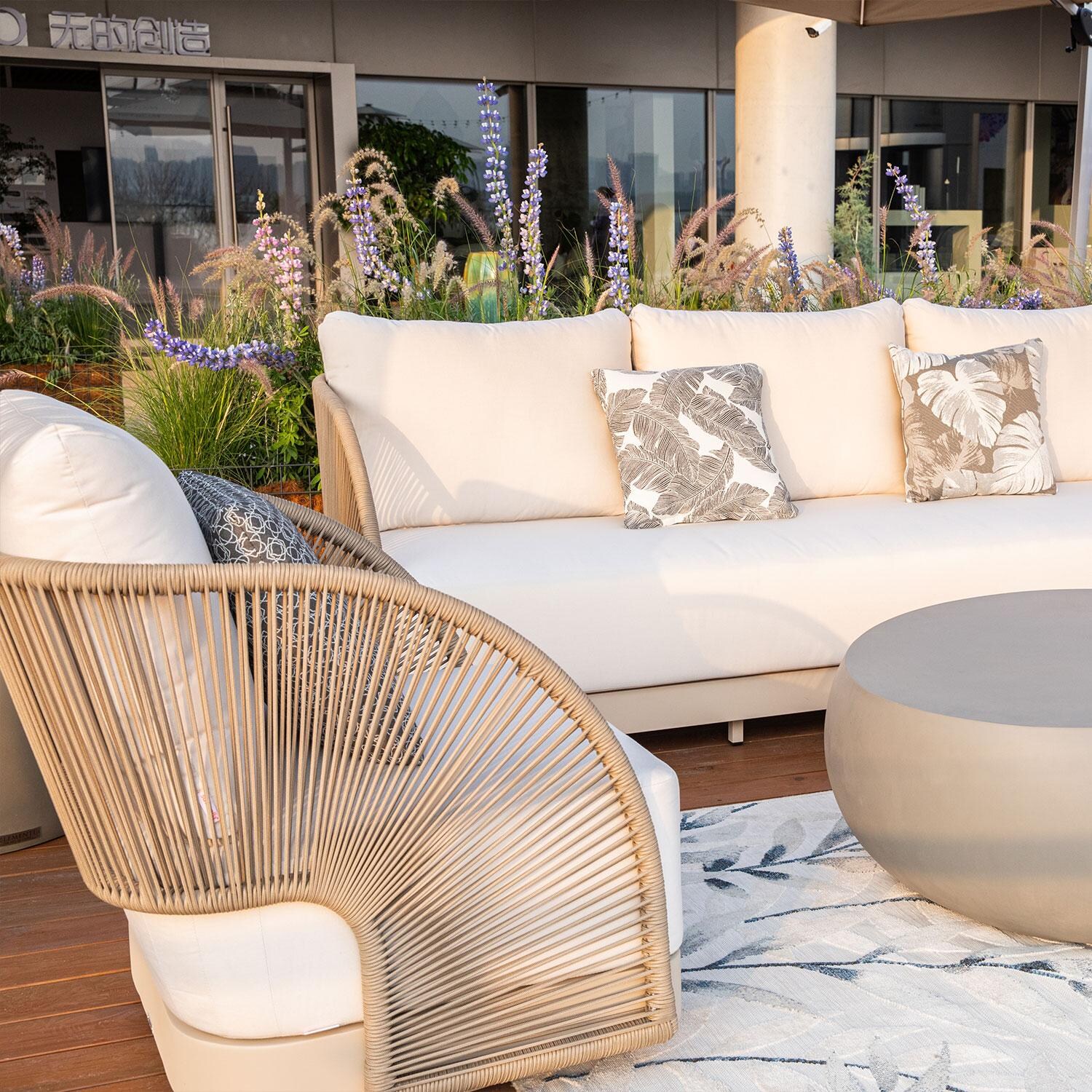 Elementi OS-2502W Malibu Outdoor Aluminum Swivel Club Chair w/ Sunbrella Cushions - Patio - Shown w/ Outdoor Sofa (Sold Separately) - Lifestyle thumbnail