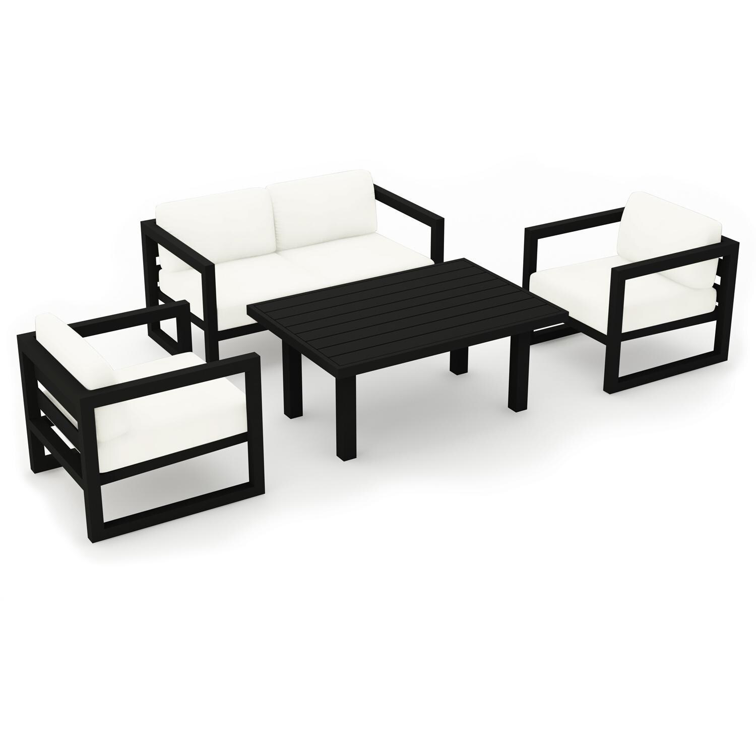 Lakeview MSTYCV-BK-SET114-CN Misty Cove 4 Pc Aluminum Seating Set in Black w/Chat Table & Canvas Natural Cushions by Lakeview Outdoor Designs - Set Angled View - White Background thumbnail