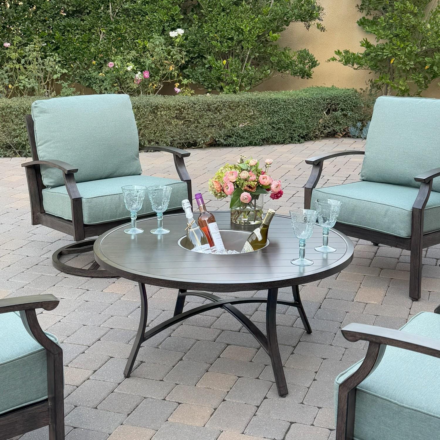 Atlantis 5 Pc Aluminum Seating Set  w/ 2 Club Chairs, 2 Swivel Rocker Club Chairs & Ice Bucket in Walnut/Spa by Darlee - Chairs At Table - Lifestyle thumbnail