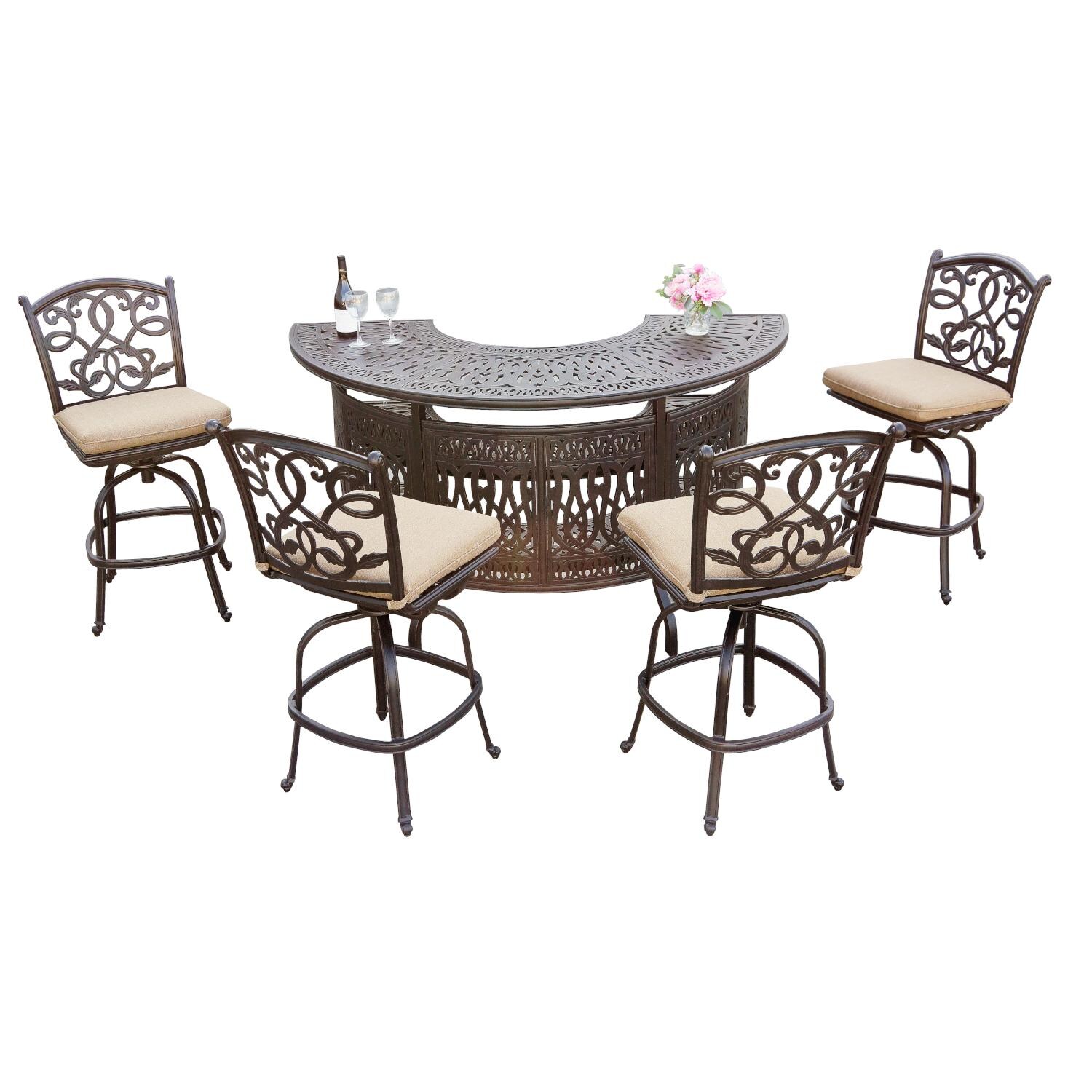 Darlee DL2052-5PC-707K17 Santa Monica 5 Piece Cast Aluminum Party Bar Set W/ Armless Swivel Bar Stools & Sesame Cushions thumbnail