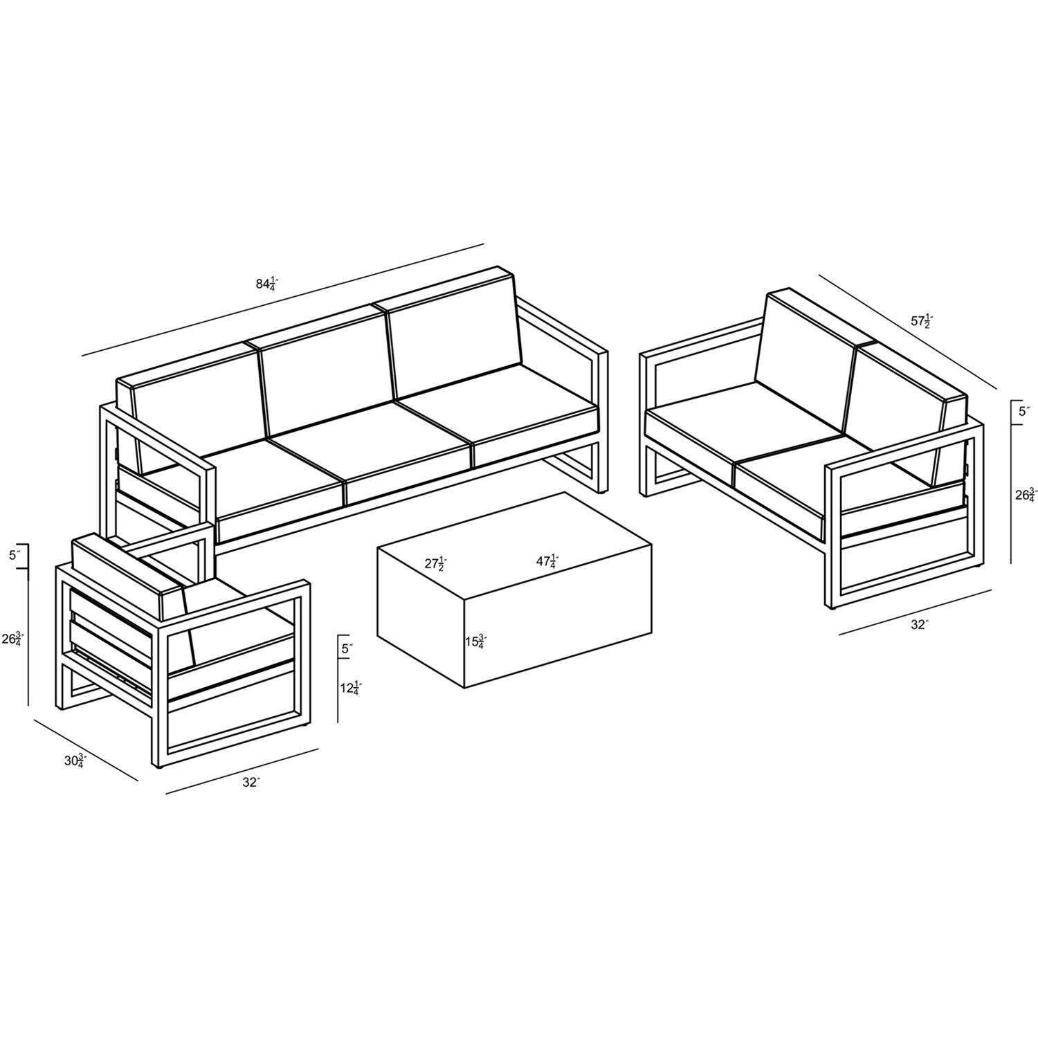 Lakeview MSTYMAS-BK-4SLSS-CS Misty Cove 4 Pc Aluminum Seating Set in Black w/Mason Coffee Table & Cast Silver Cushions by Lakeview Outdoor Designs - Line Drawing - Dimensional thumbnail