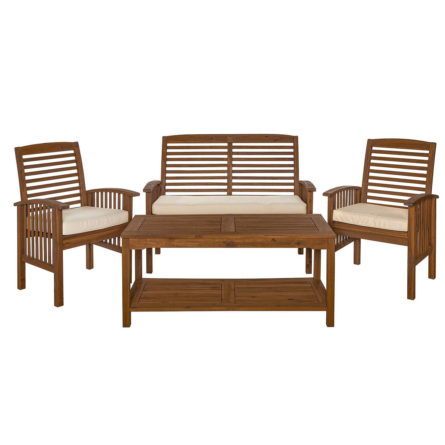 Ultimate Patio Horizon Way 4 Piece Dark Brown Acacia Patio Conversation Set W/ Natural Cushions - Front View thumbnail