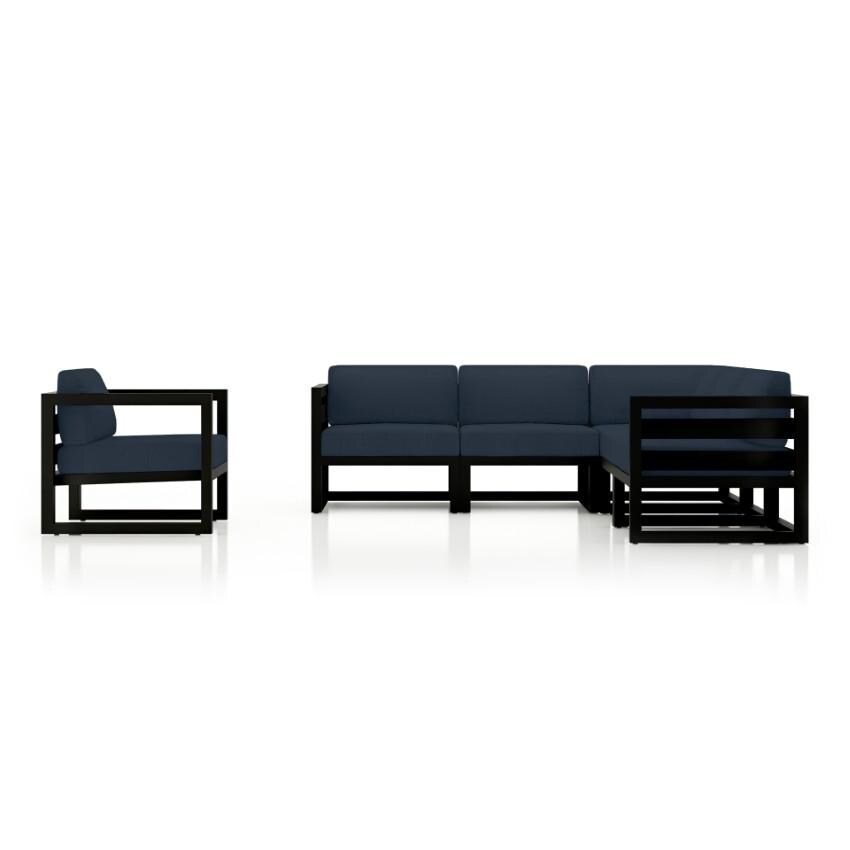 Lakeview Misty Cove 6 Pc Aluminum Sectional Set in Black w/Club Chair & Spectrum Indigo Cushions by Lakeview Outdoor Designs - Side View - White Background thumbnail
