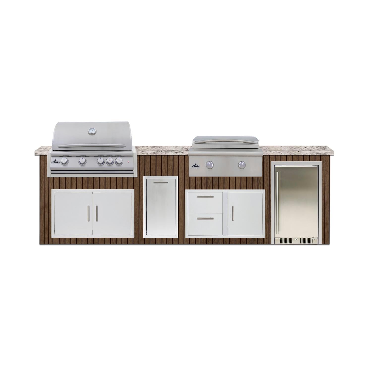 BBQGuys Signature  10 Ft Outdoor Kitchen Island w/ 32-in Propane Blaze LTE+ Grill & Griddle, 15-in Refrigerator & Narrow Trash Bin | Toffee w/ White Valley Granite - Island - White Background thumbnail