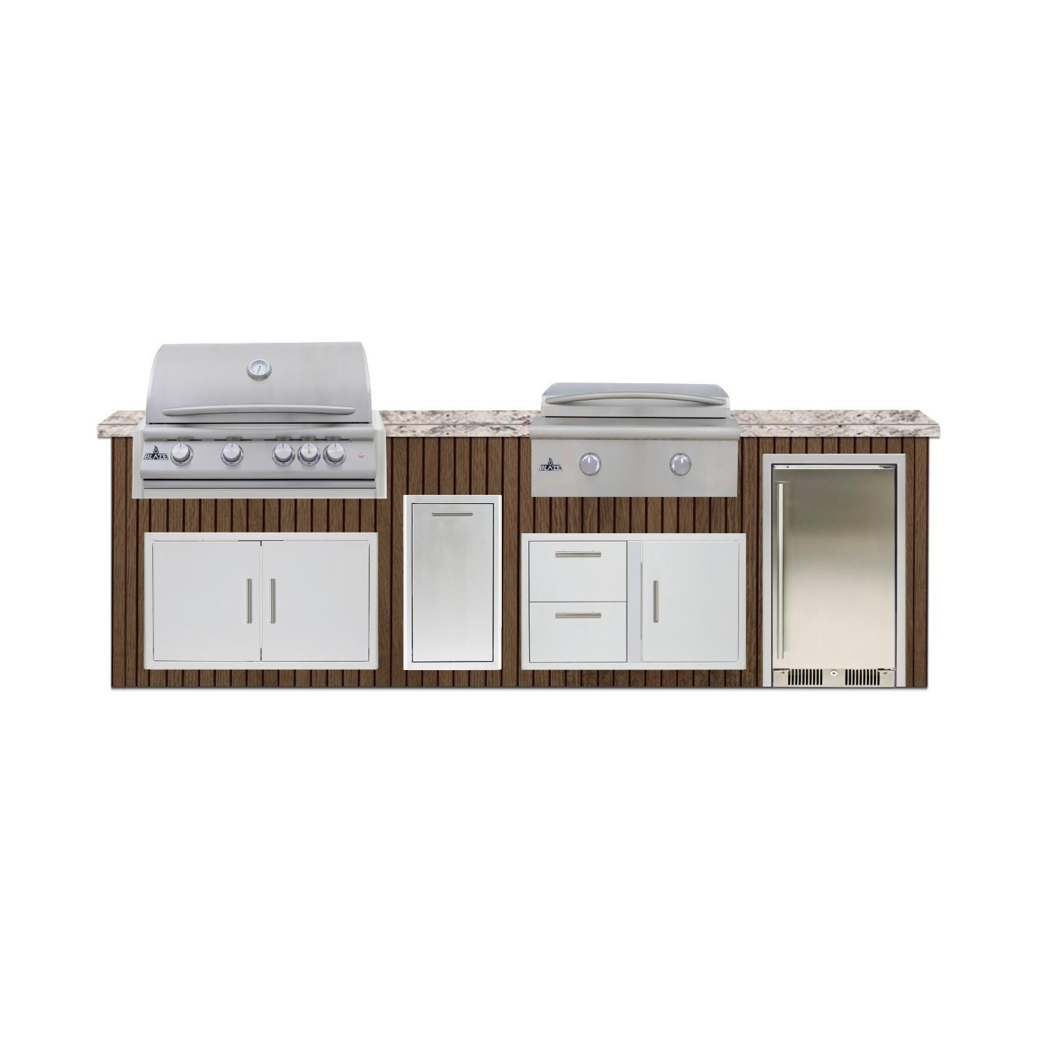 BBQGuys Signature 10 Ft Outdoor Kitchen Island w/ 32-in Propane Blaze LTE+ Grill & Griddle, 15-in Refrigerator & Narrow Trash Bin | Toffee w/ White Valley Granite