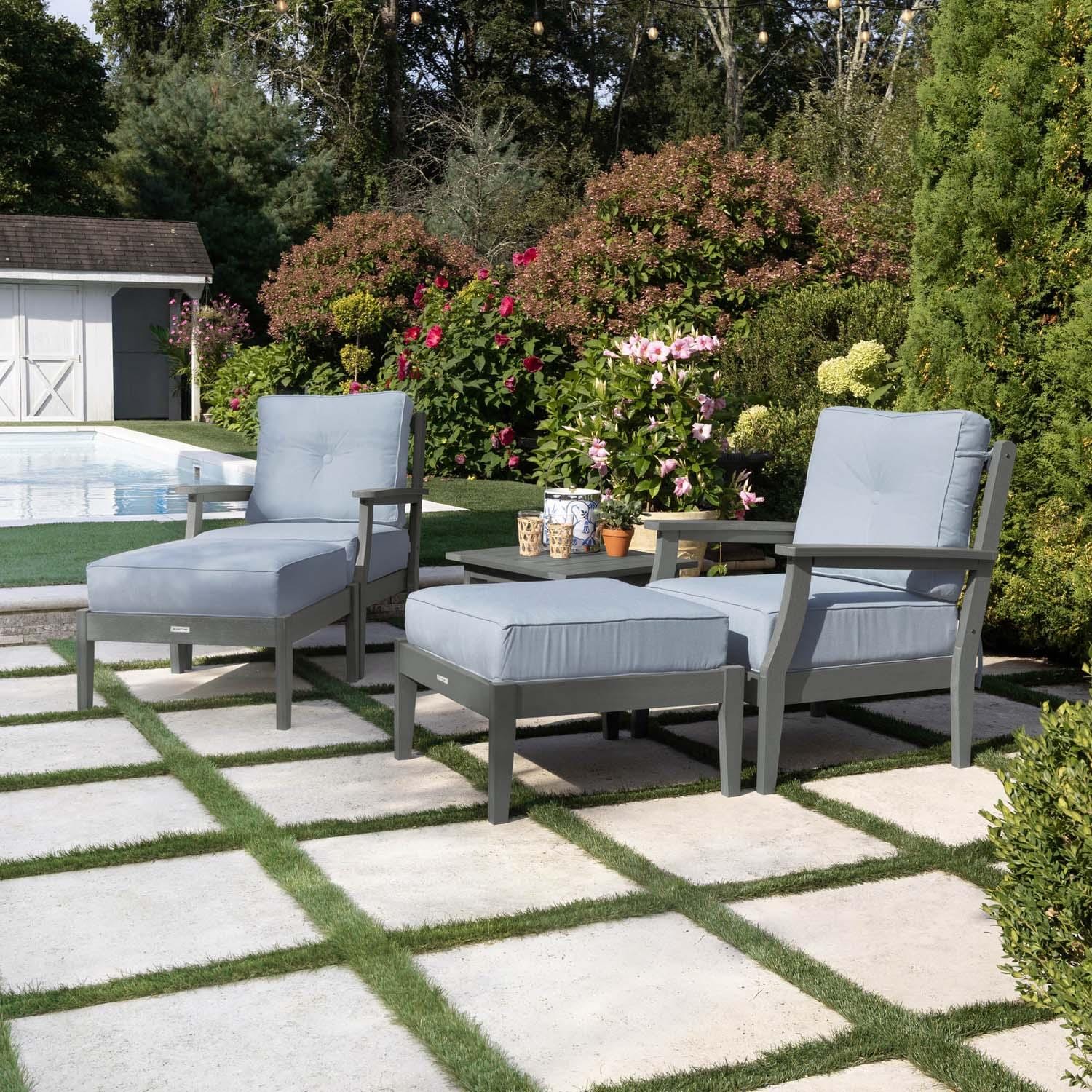 Blushing Bay 5 Pc Recycled Plastic Seating Set in Bliss Dew/Coastal Teak by Lakeview Outdoor Designs - Right Angled - Lifestyle thumbnail